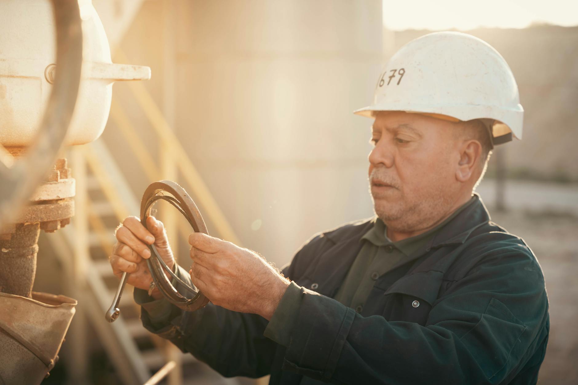 Inżynier w kasku kontroluje maszynę w instalacji przemysłowej